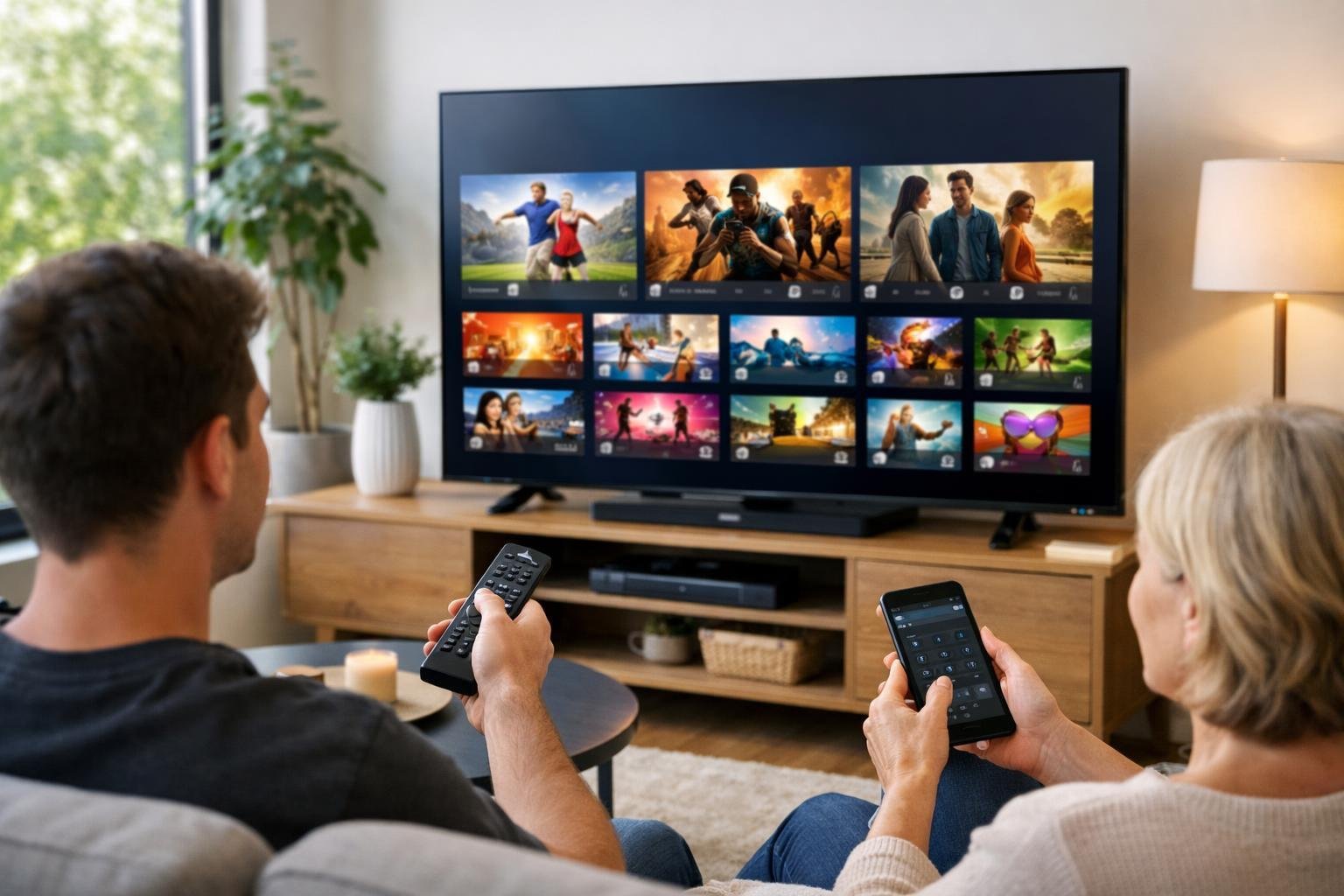 Ett vardagsrum med en stor smart-TV som visar en färgstark IPTV-applikation och två personer som använder en fjärrkontroll och en smartphone för att styra den.