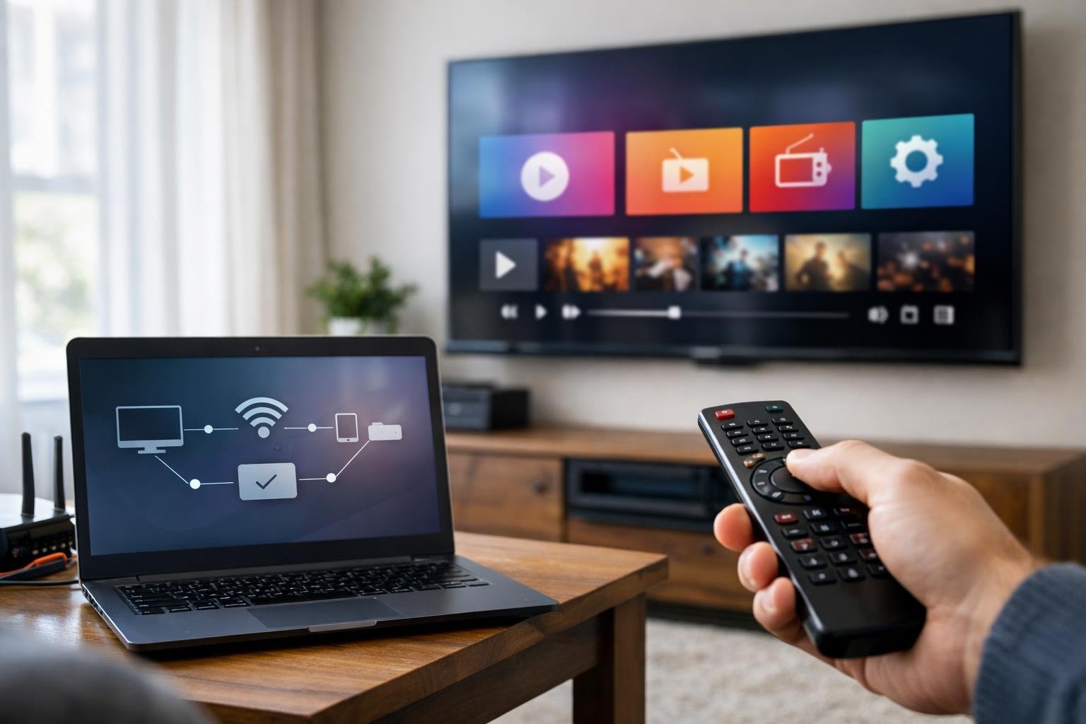 En person som använder en fjärrkontroll framför en tv i ett vardagsrum med teknik för IPTV-installation och kompatibilitet.