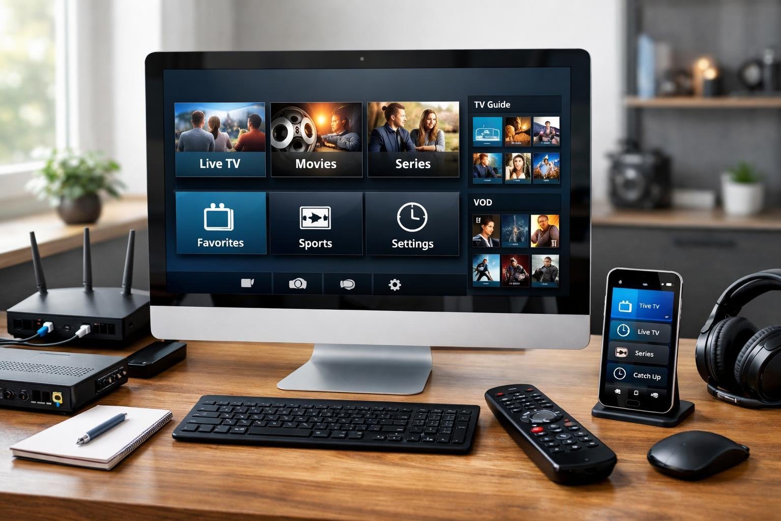 Ett modernt arbetsbord med en dator som visar IPTV-gränssnitt, en fjärrkontroll, en smartphone och nätverksutrustning.