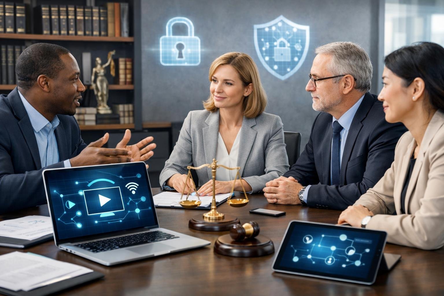 En grupp affärspersoner i ett kontor som diskuterar vid ett konferensbord med datorer och dokument, med symboler för integritet och juridik i bakgrunden.
