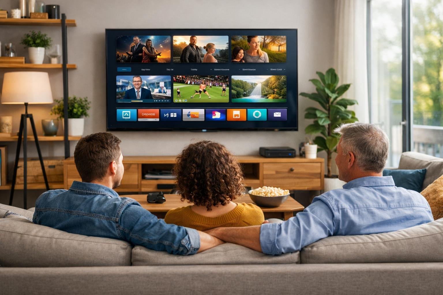 En modern vardagsrum med en stor TV och två personer som tittar på innehåll tillsammans.