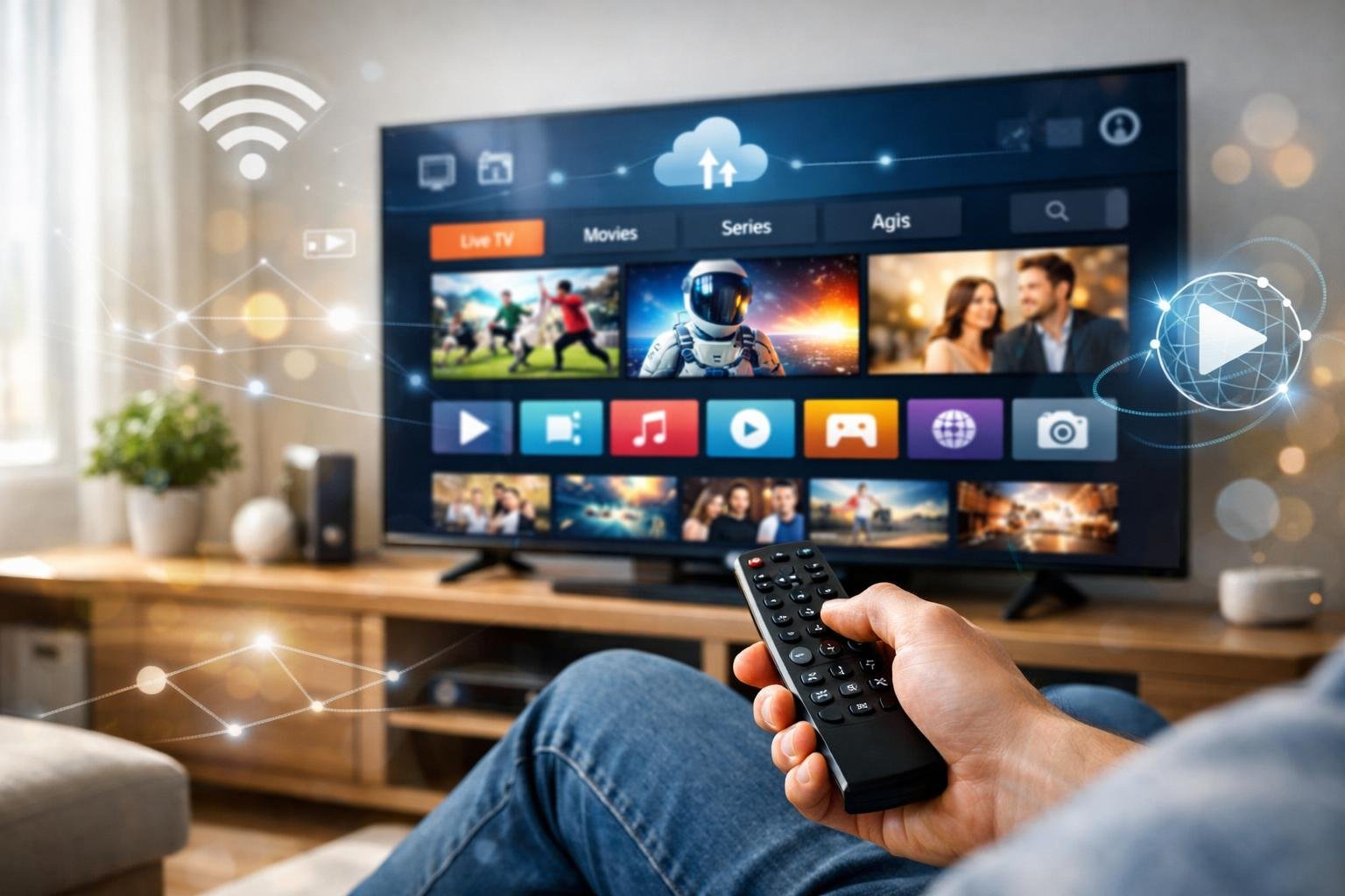 En person som sitter i ett vardagsrum och använder en fjärrkontroll framför en stor smart-TV med olika streamingkanaler på skärmen.