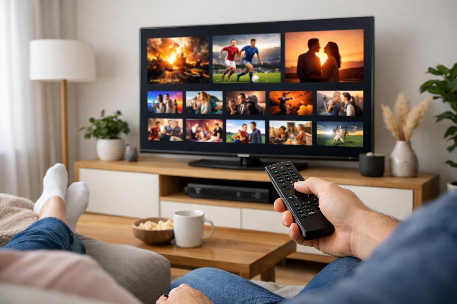 En person i ett vardagsrum som använder en fjärrkontroll framför en stor TV med en färgstark streamingmeny.