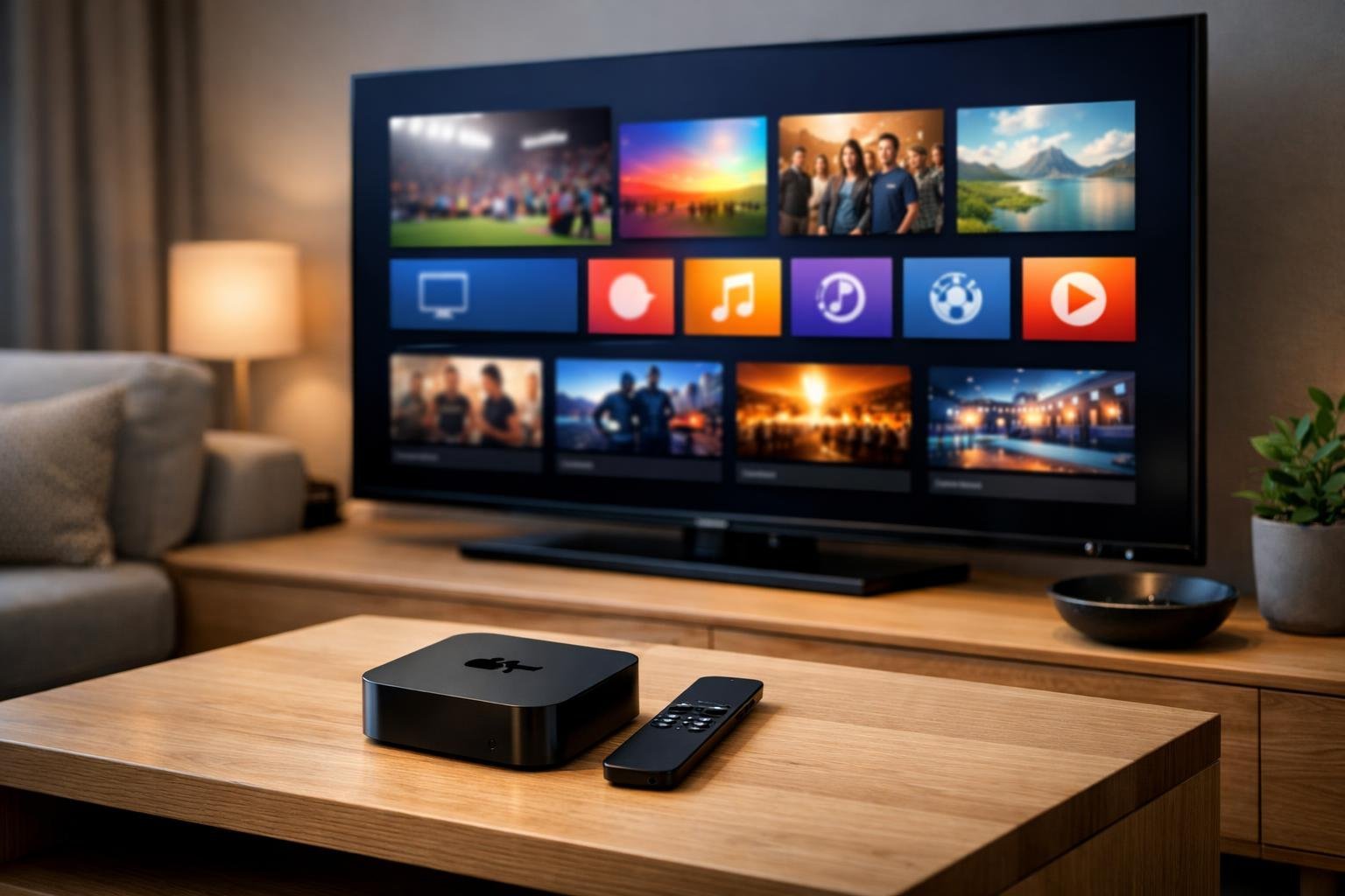 Ett modernt vardagsrum med en Apple TV-enhet på ett träbord och en tv-skärm som visar en IPTV-gränssnitt.
