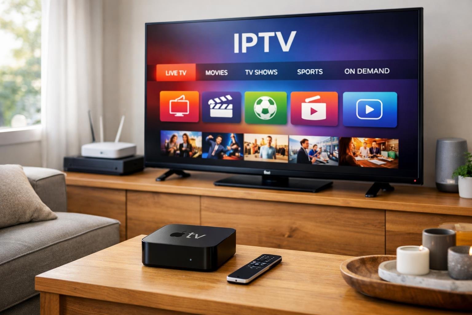 Ett modernt vardagsrum med en Apple TV-enhet på ett mediekonsol och en TV som visar en färgstark streamingmeny.