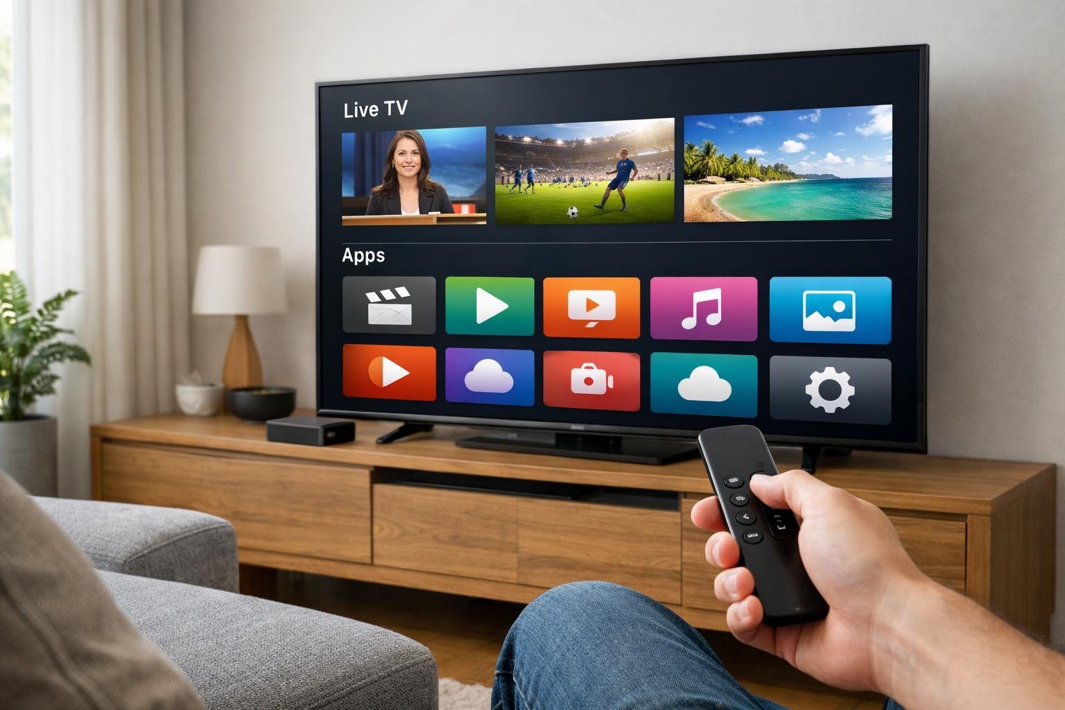 Ett modernt vardagsrum med en Apple TV ansluten till en stor TV som visar IPTV-appar och en person som håller en fjärrkontroll.