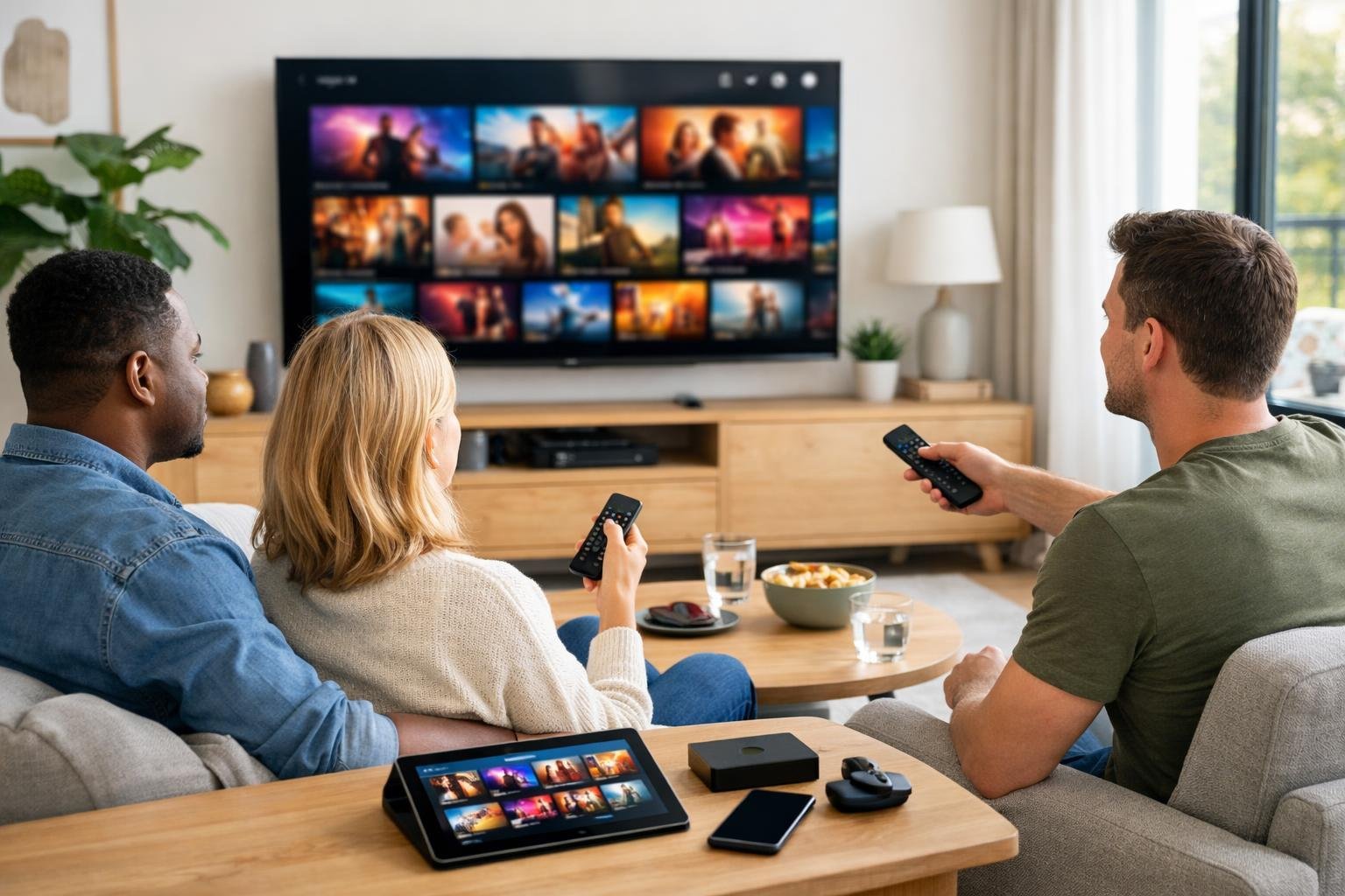 En modern vardagsrumsmiljö med en stor smart-TV och människor som tittar på strömmat innehåll tillsammans.