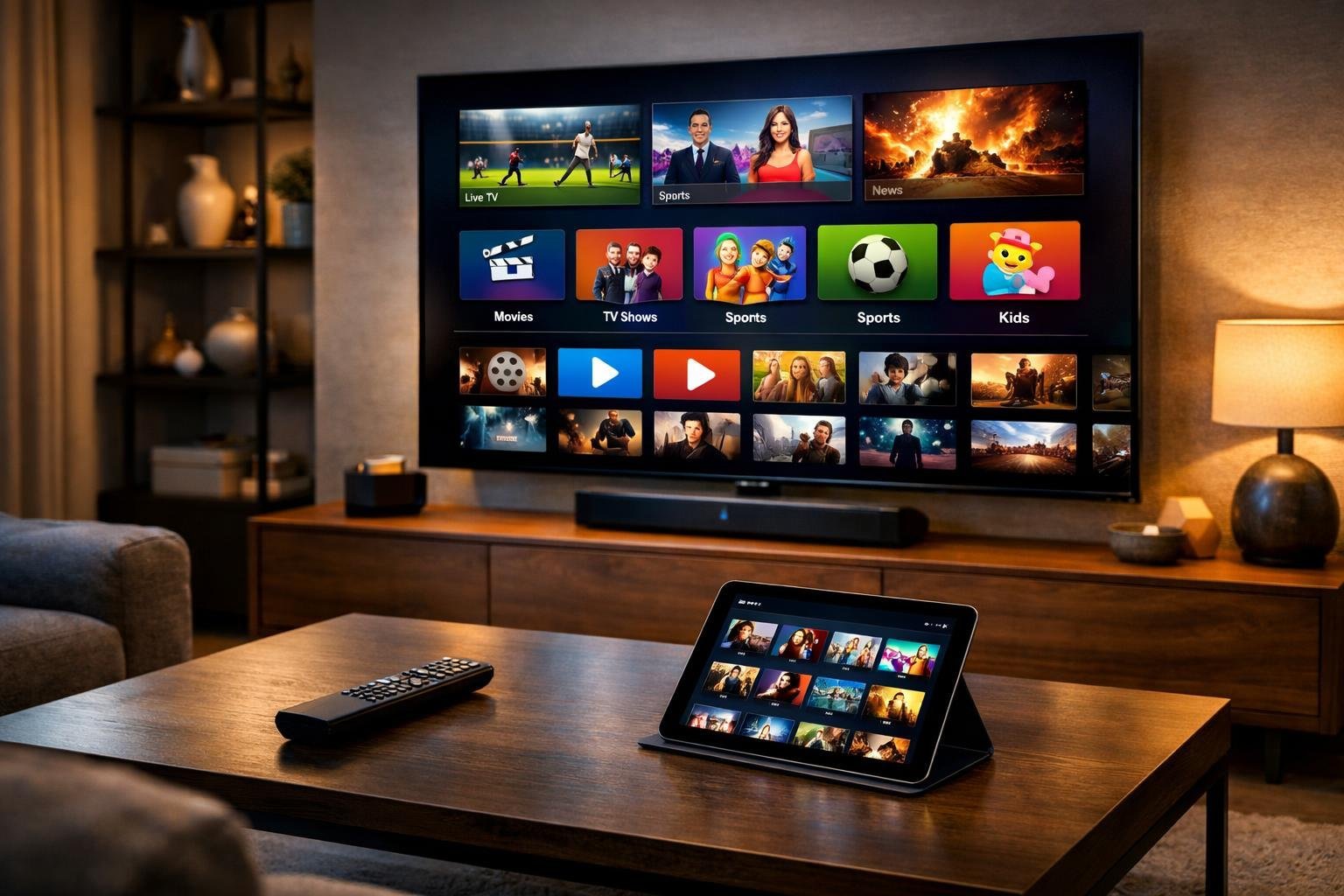 Ett modernt vardagsrum med en stor smart-tv som visar färgglada kanaler och streaminginnehåll, med en fjärrkontroll och en surfplatta på ett bord.