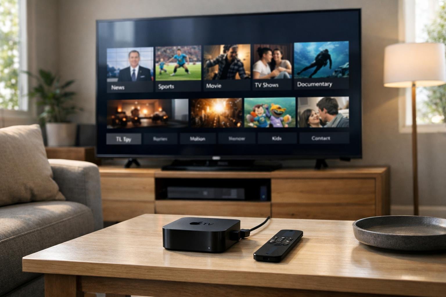 Ett modernt vardagsrum med en Apple TV ansluten till en stor TV som visar IPTV-kanaler, med en soffa och ett soffbord i bakgrunden.