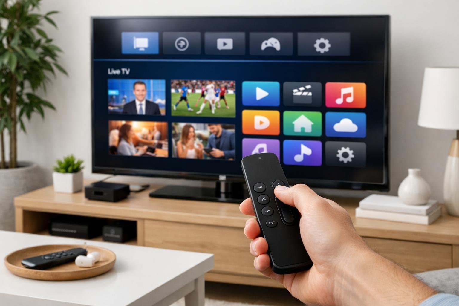 En person använder en Apple TV-fjärrkontroll framför en TV som visar IPTV-gränssnittet i ett modernt vardagsrum.
