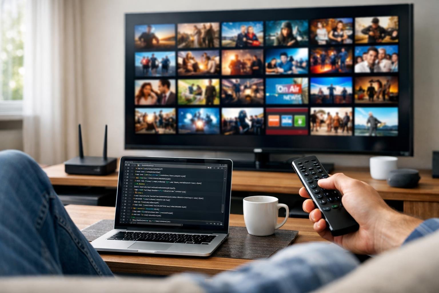 En person sitter i ett vardagsrum och använder en fjärrkontroll framför en stor TV som visar olika streaminginnehåll, med en laptop på bordet som visar en spellista.