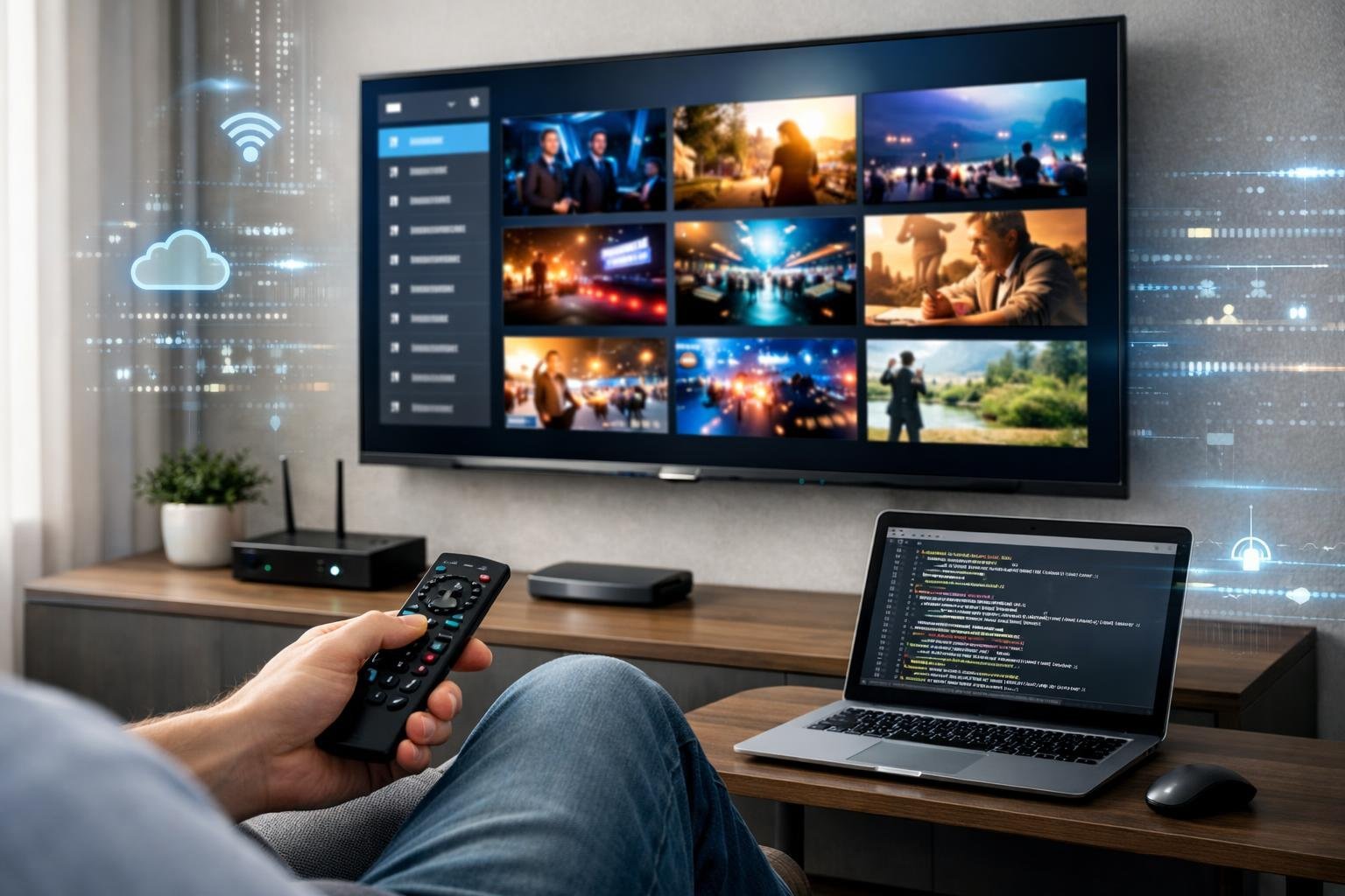 En person sitter i ett vardagsrum och använder en fjärrkontroll framför en stor tv som visar en streamingmeny med flera kanaler.