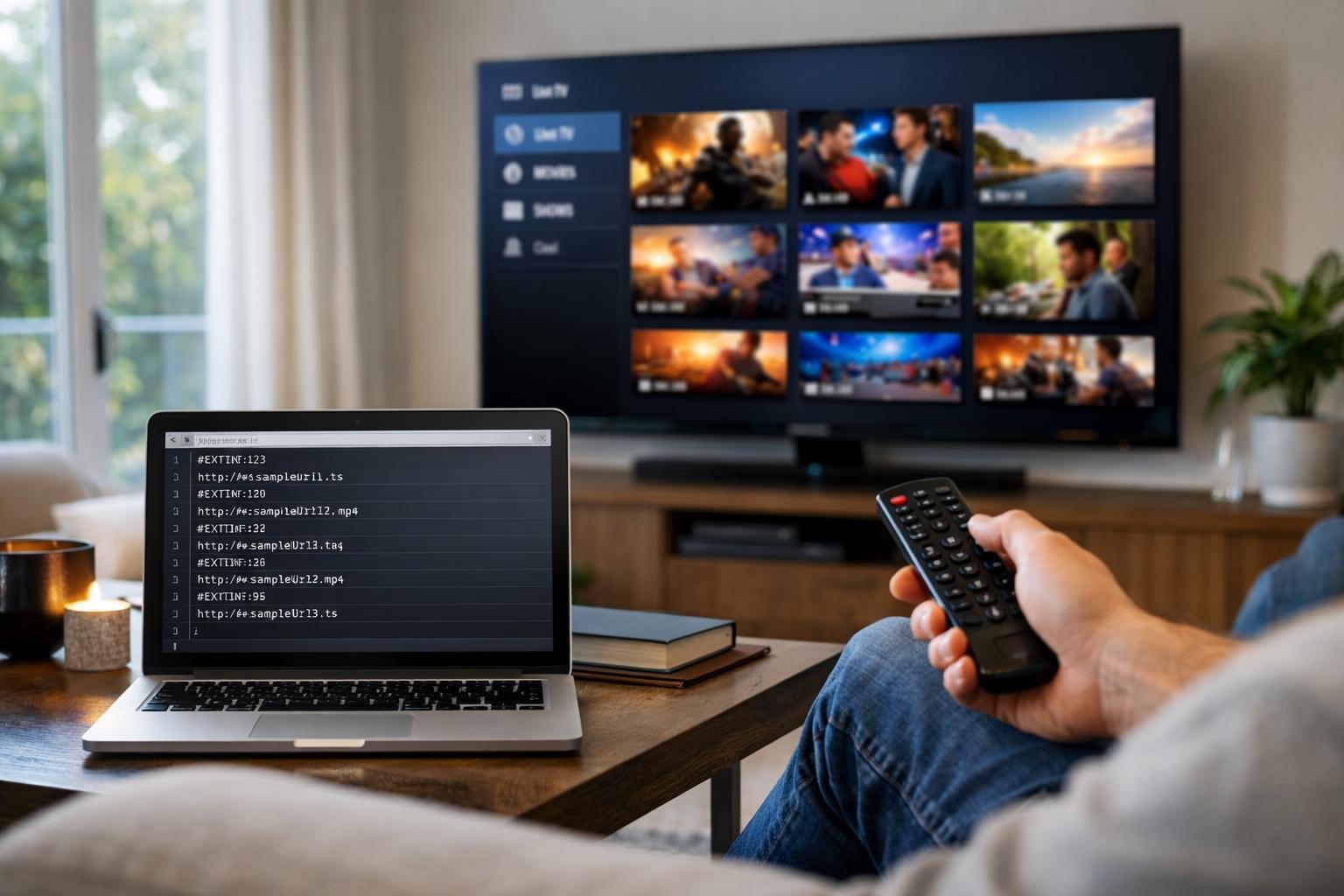 En person sitter i ett vardagsrum och använder en fjärrkontroll framför en stor TV som visar olika streamingkanaler, med en laptop som visar en digital spellista på ett bord.