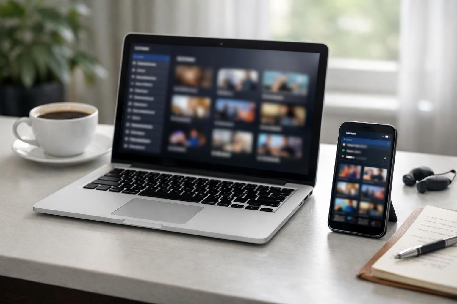 En modern arbetsplats med en bärbar dator och smartphone som visar IPTV-relaterade gränssnitt, med en kopp kaffe och anteckningsblock på skrivbordet.