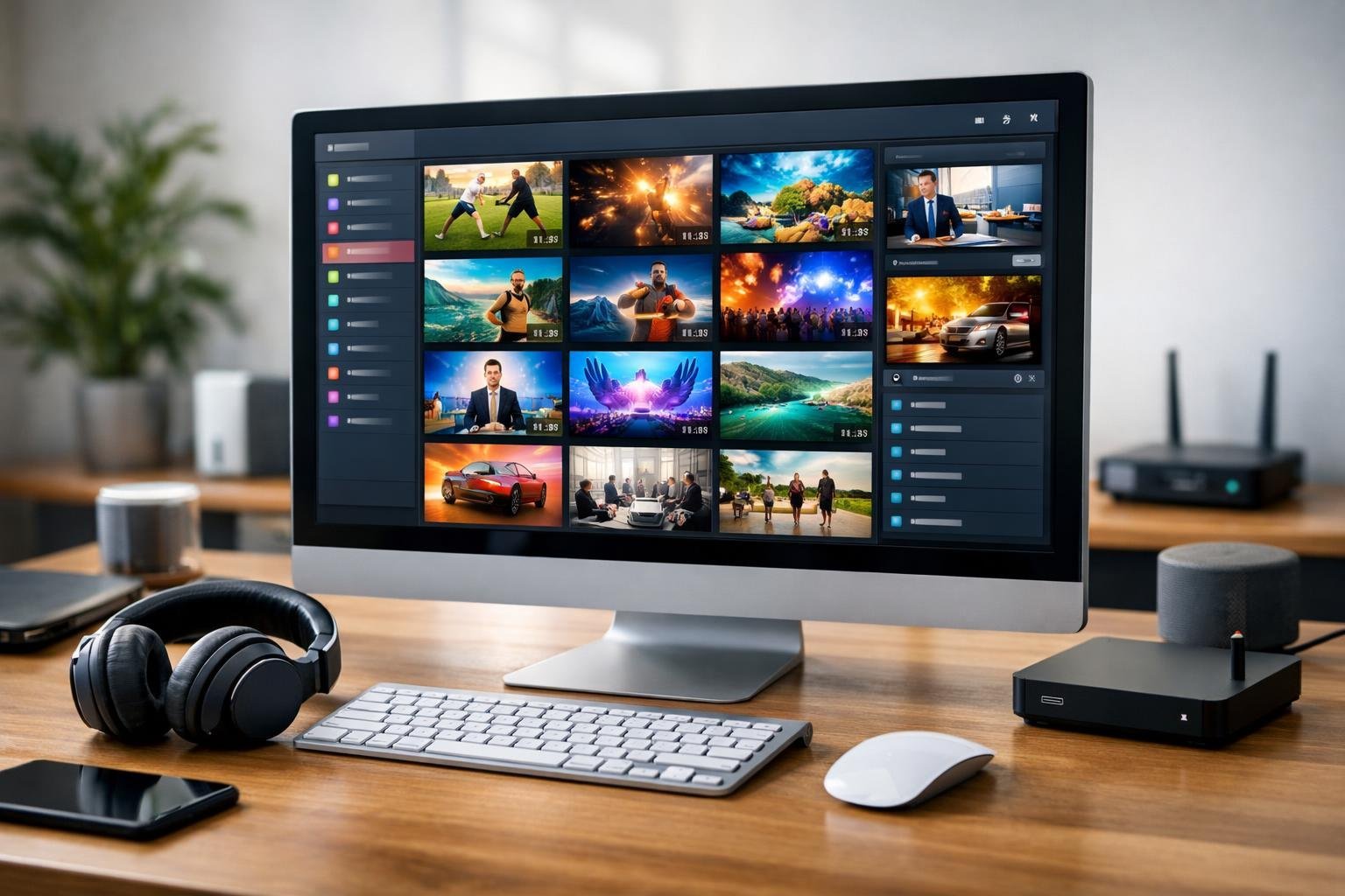 Ett modernt arbetsbord med en dator som visar IPTV-spellistor och tekniska tillbehör i ett organiserat kontorsrum.