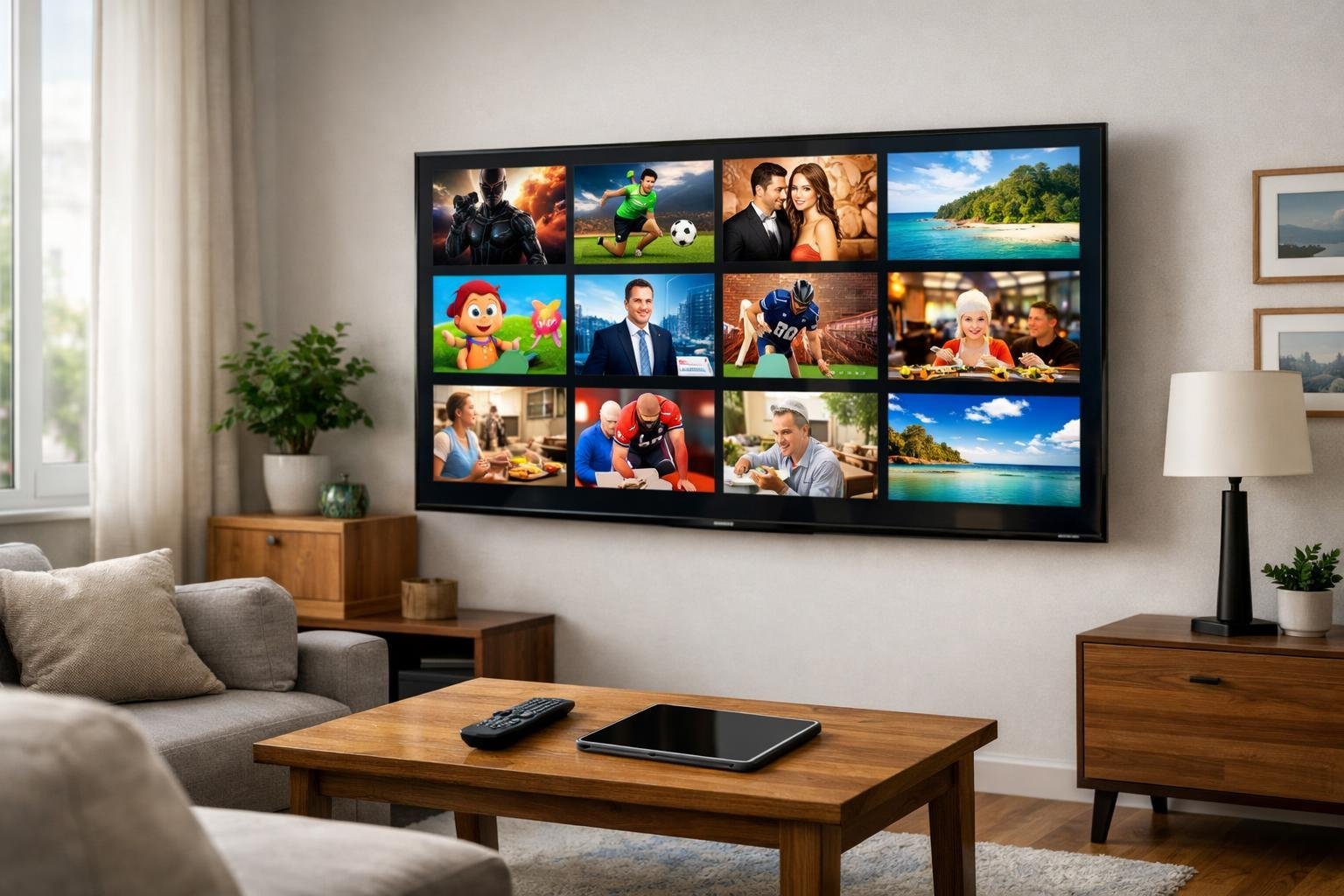 Ett modernt vardagsrum med en stor smart-tv som visar en färgglad ruta med olika IPTV-kanaler och underhållningsalternativ.