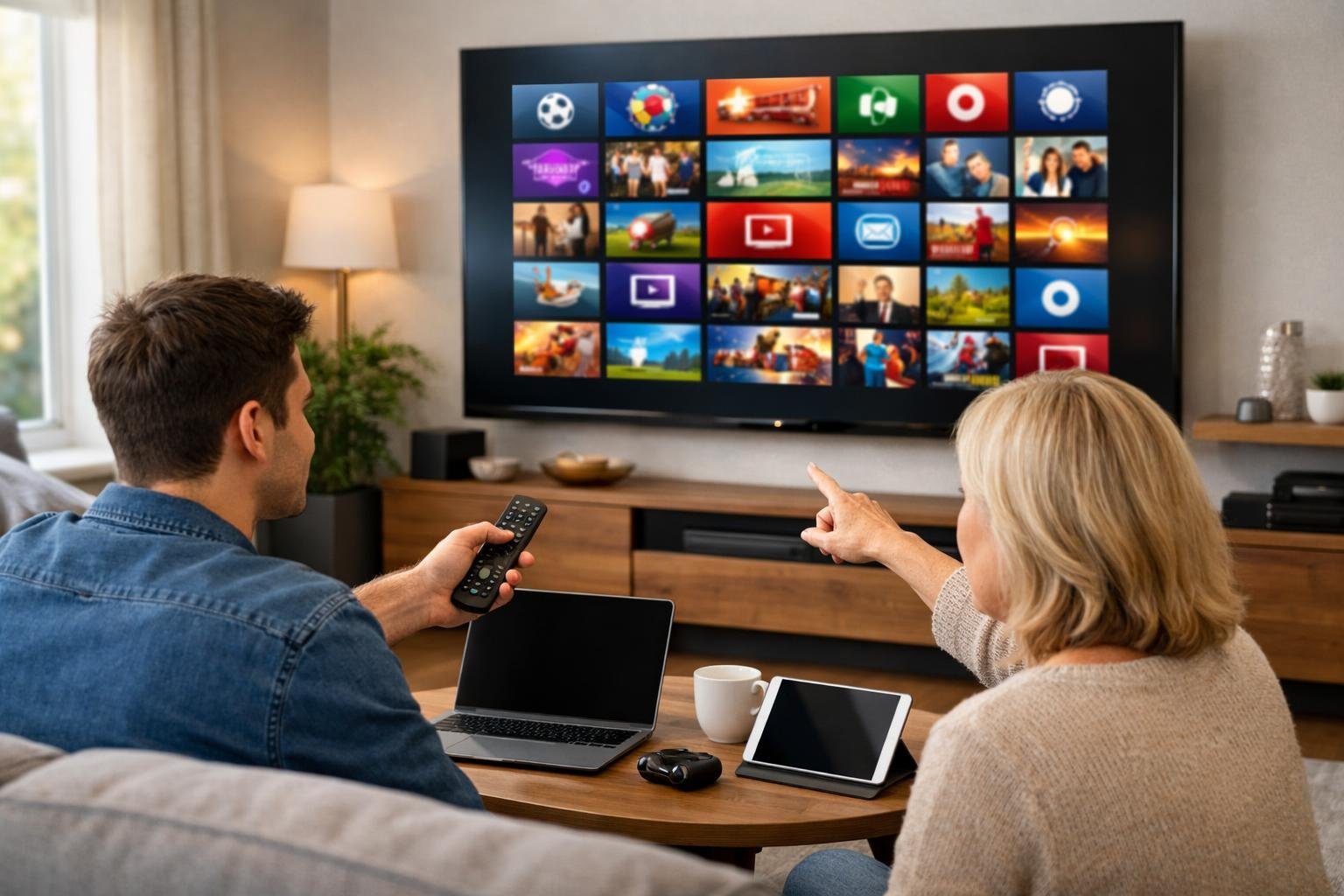 En vardagsrumsscen med en stor smart-tv som visar olika tv-kanaler och två personer som sitter i soffan och tittar på skärmen.