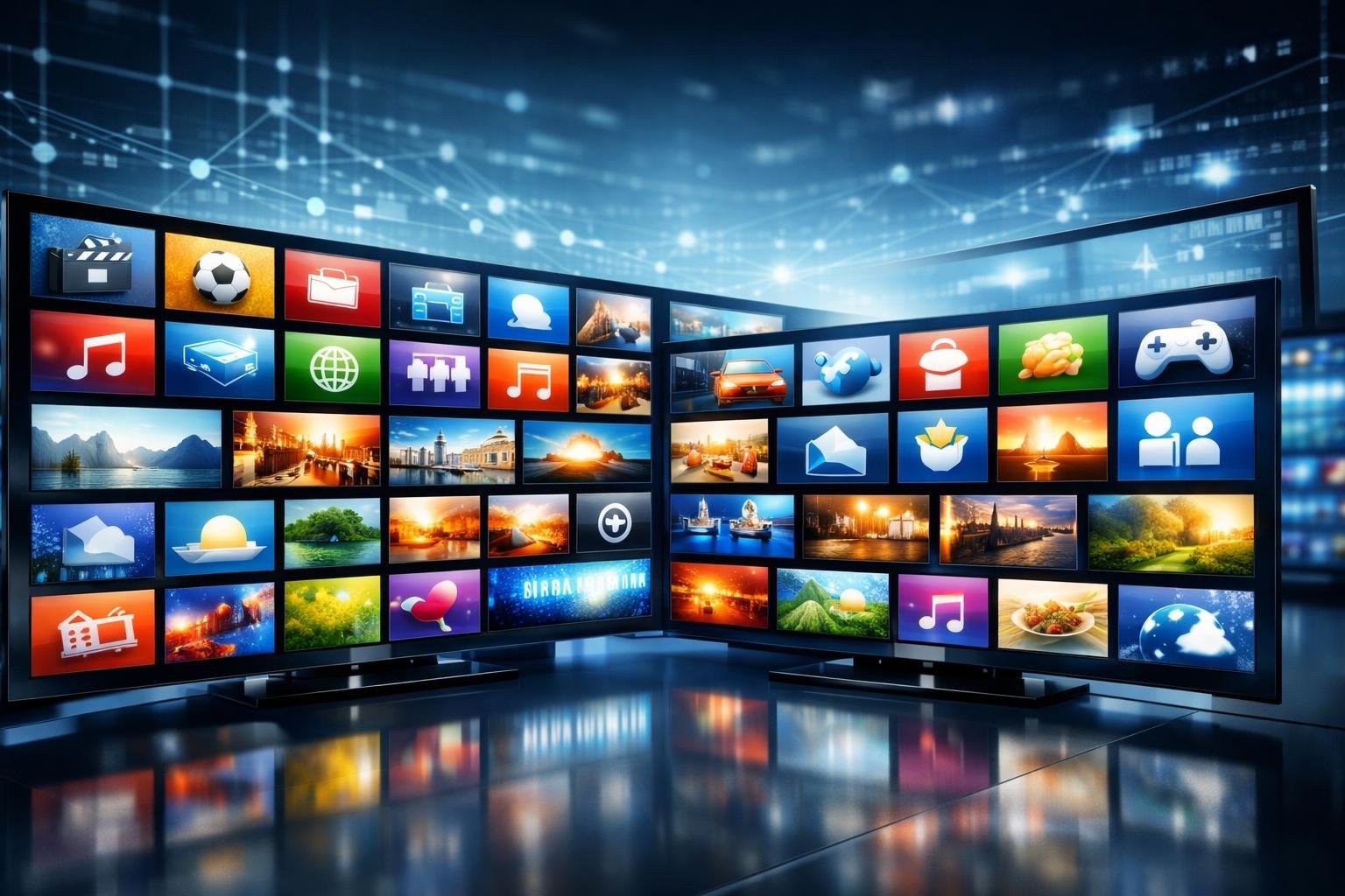 En modern kontrollrumsmiljö med flera skärmar som visar olika IPTV-kanaler organiserade i ett digitalt nätverk.