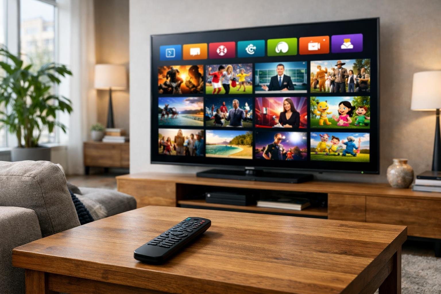 Ett vardagsrum med en stor smart-TV som visar olika IPTV-kanaler och en fjärrkontroll på ett bord framför en soffa.