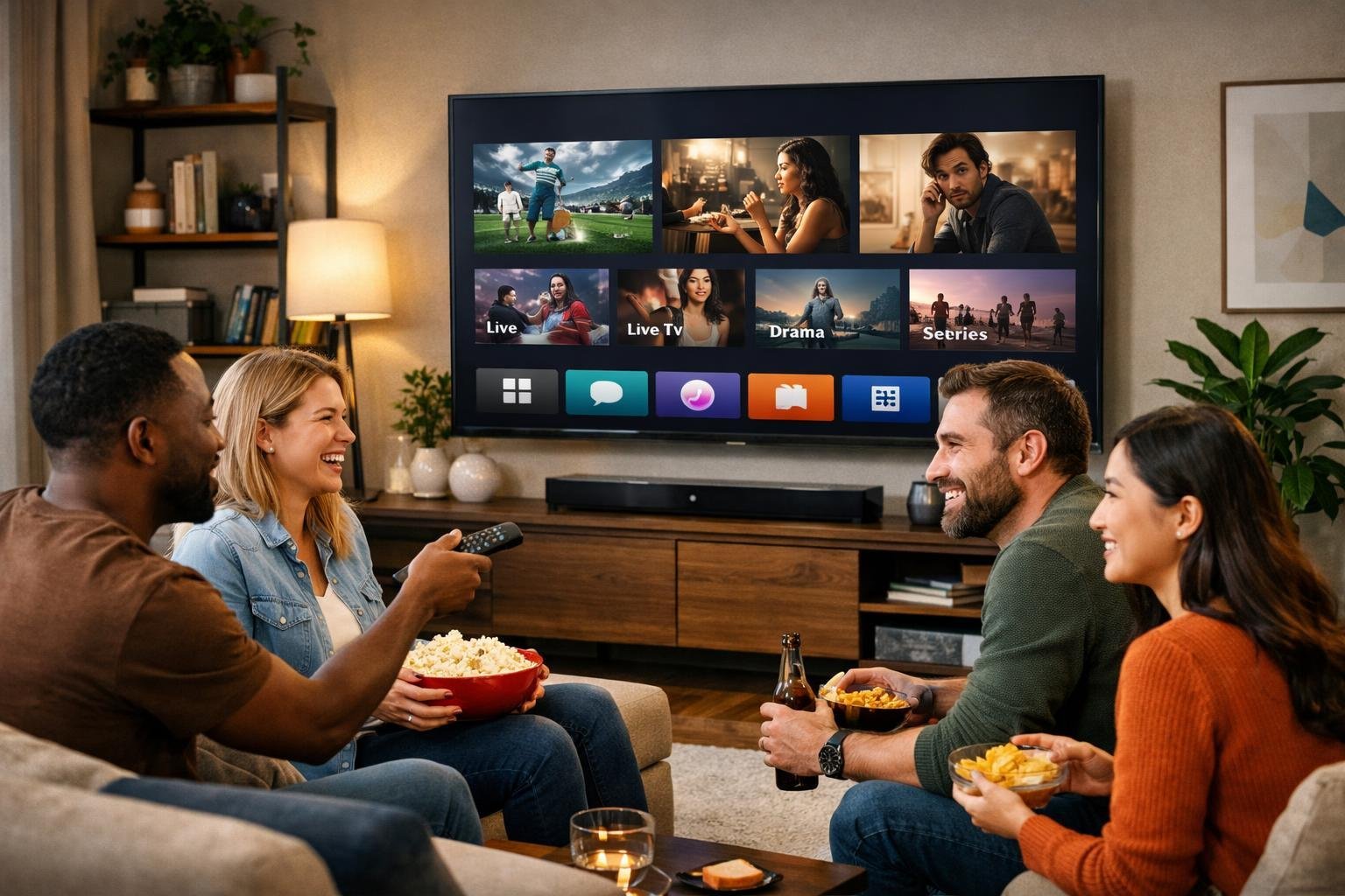 En grupp människor som tittar på IPTV-kanaler på en stor TV i ett vardagsrum.