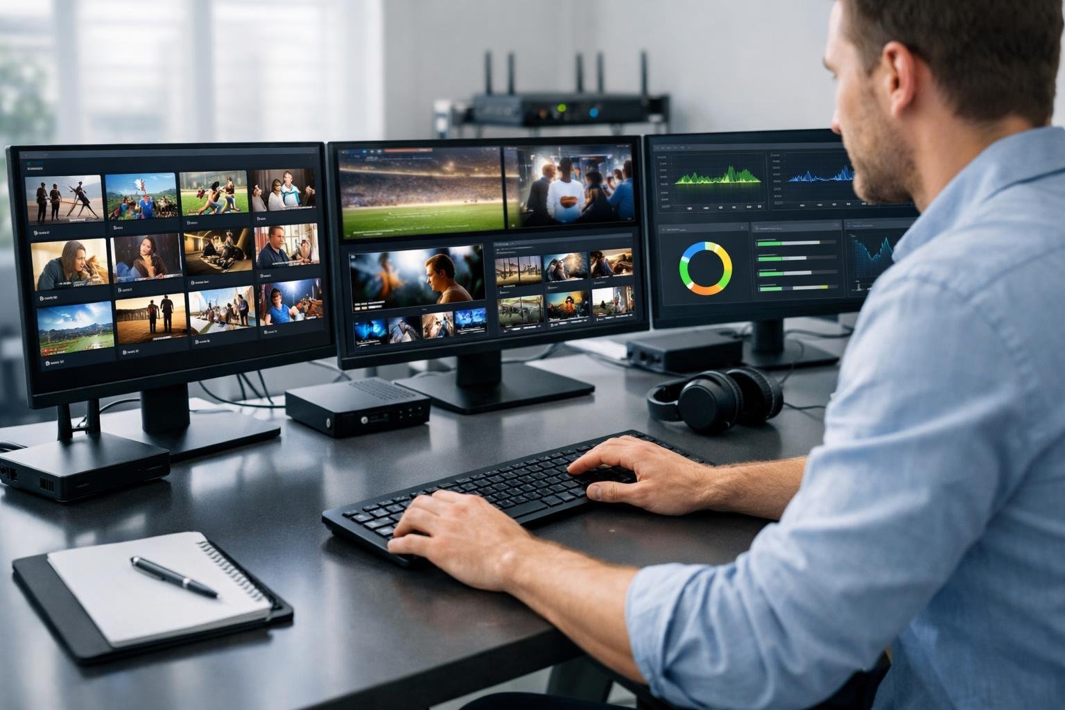 En person vid ett skrivbord med flera skärmar som visar IPTV-strömmar och analyser i ett modernt kontor.