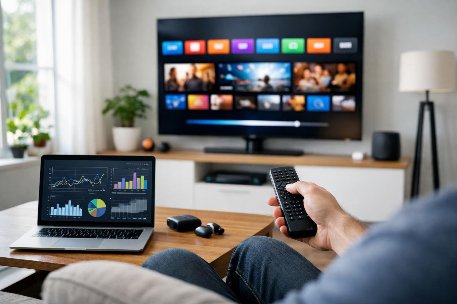 En person sitter i ett vardagsrum och tittar på en TV med IPTV-gränssnitt medan en laptop visar data om IPTV-prestanda.