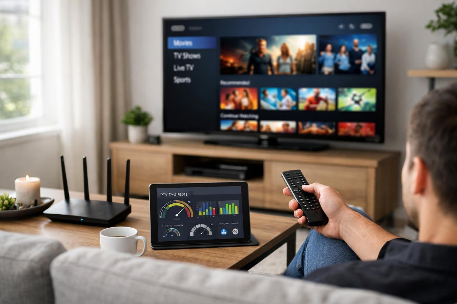 En person sitter i ett modernt vardagsrum och tittar på en stor TV medan de håller en fjärrkontroll.