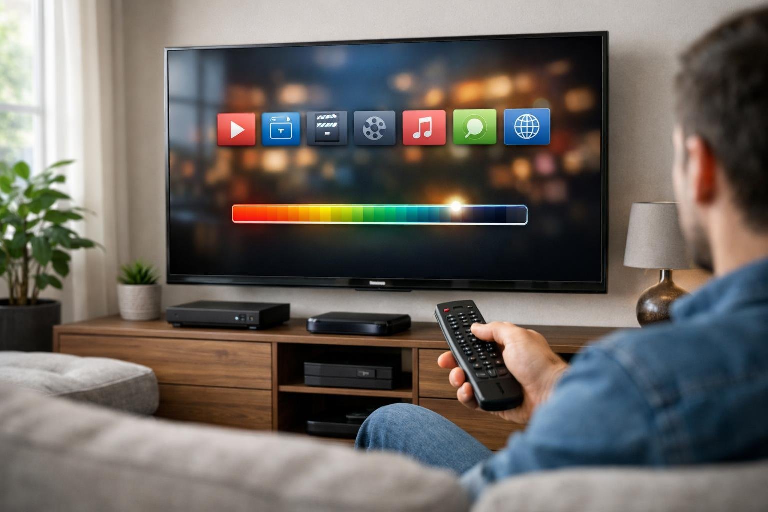 En person sitter i ett vardagsrum och tittar på en stor TV med en IPTV-test på skärmen.