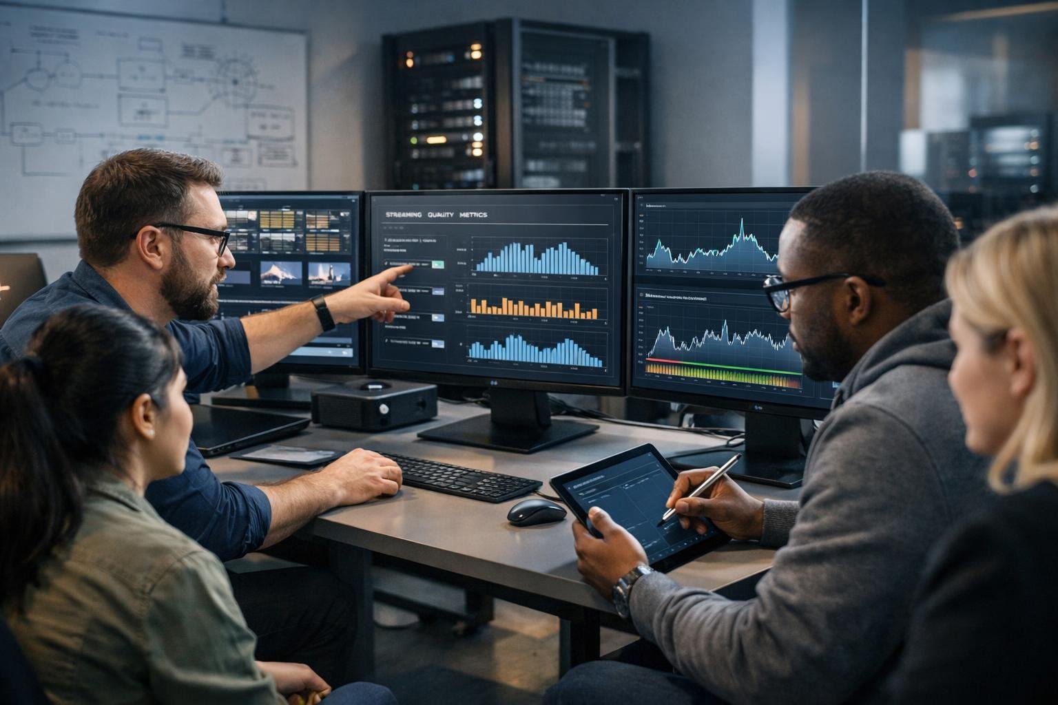 En grupp tekniker som arbetar tillsammans vid datorer och skärmar för att utvärdera IPTV-tjänster i ett kontorsrum.