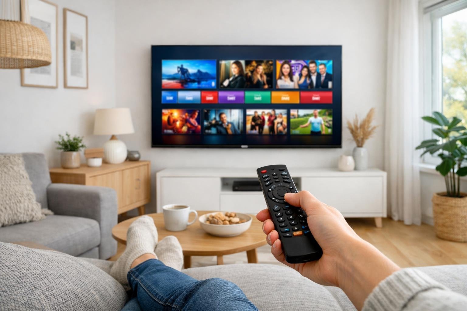 En person sitter i ett modernt svenskt vardagsrum och tittar på en TV med IPTV-tjänstens användargränssnitt på skärmen.