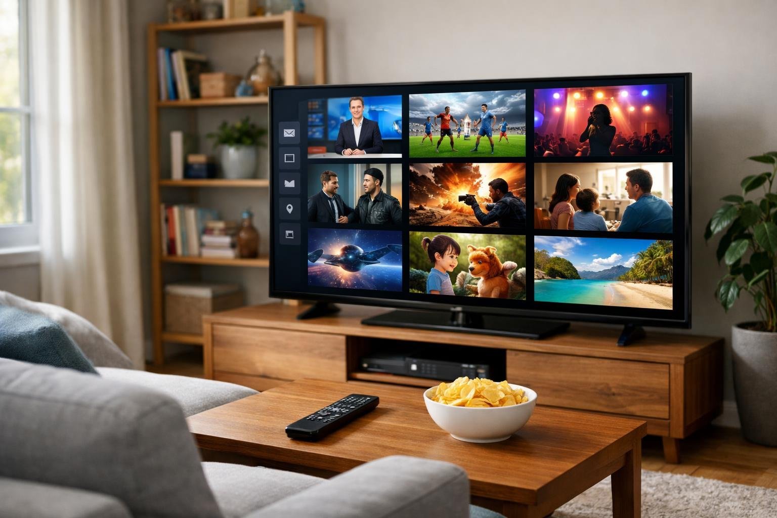 Ett modernt vardagsrum med en stor TV som visar en IPTV-tjänsts gränssnitt med flera program och kanaler.