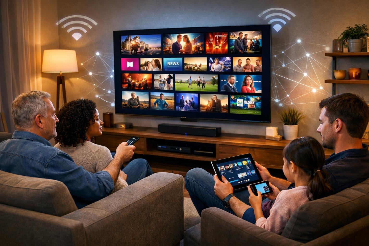 En grupp människor som tittar på en stor smart-tv i ett vardagsrum med olika streaminginnehåll på skärmen.