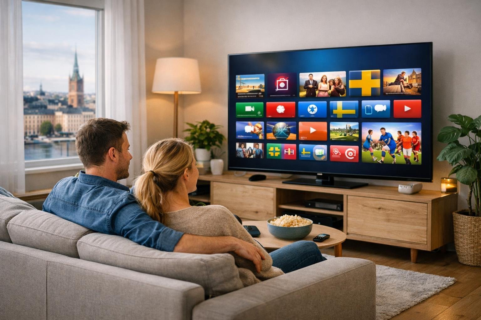 En man och en kvinna sitter i ett vardagsrum och tittar på en stor TV med en streamingtjänst, med en svensk stad synlig genom fönstret.