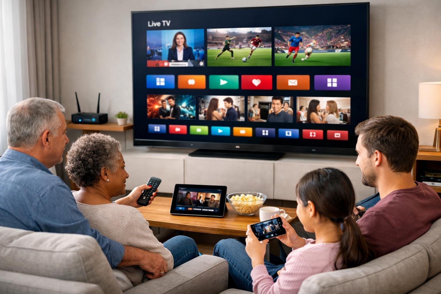 En grupp människor i ett vardagsrum tittar på en stor smart-tv som visar olika streamingappar och kanaler.