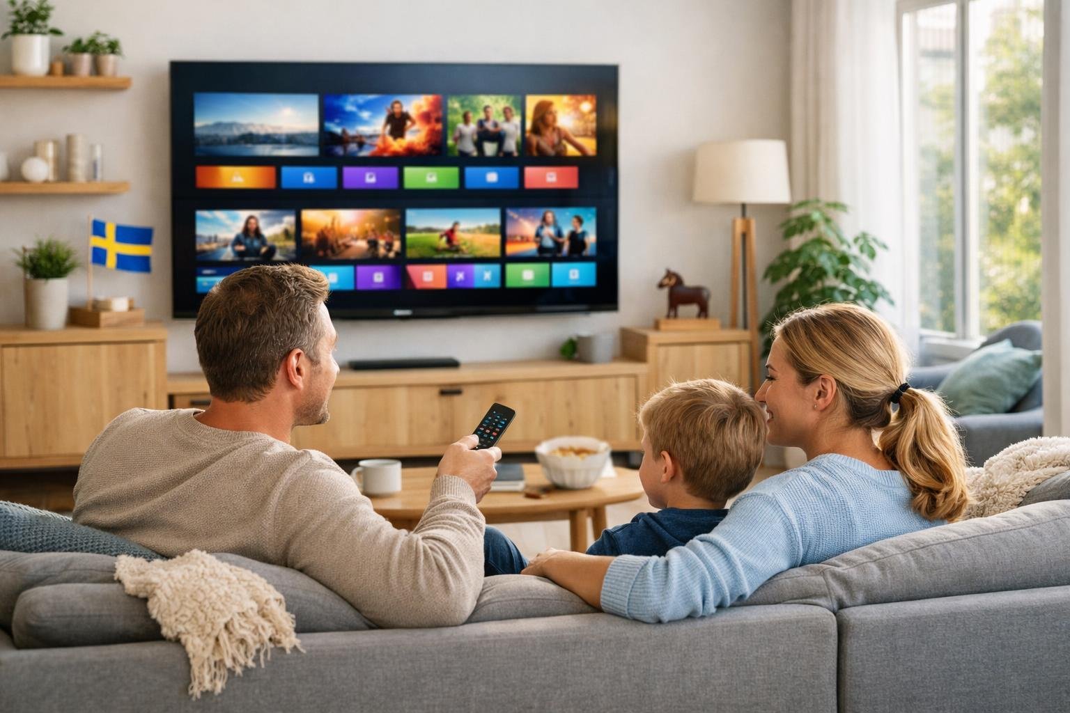 En familj sitter i ett modernt vardagsrum och tittar på en stor TV med olika streamingalternativ, omgiven av skandinavisk inredning och naturligt ljus.