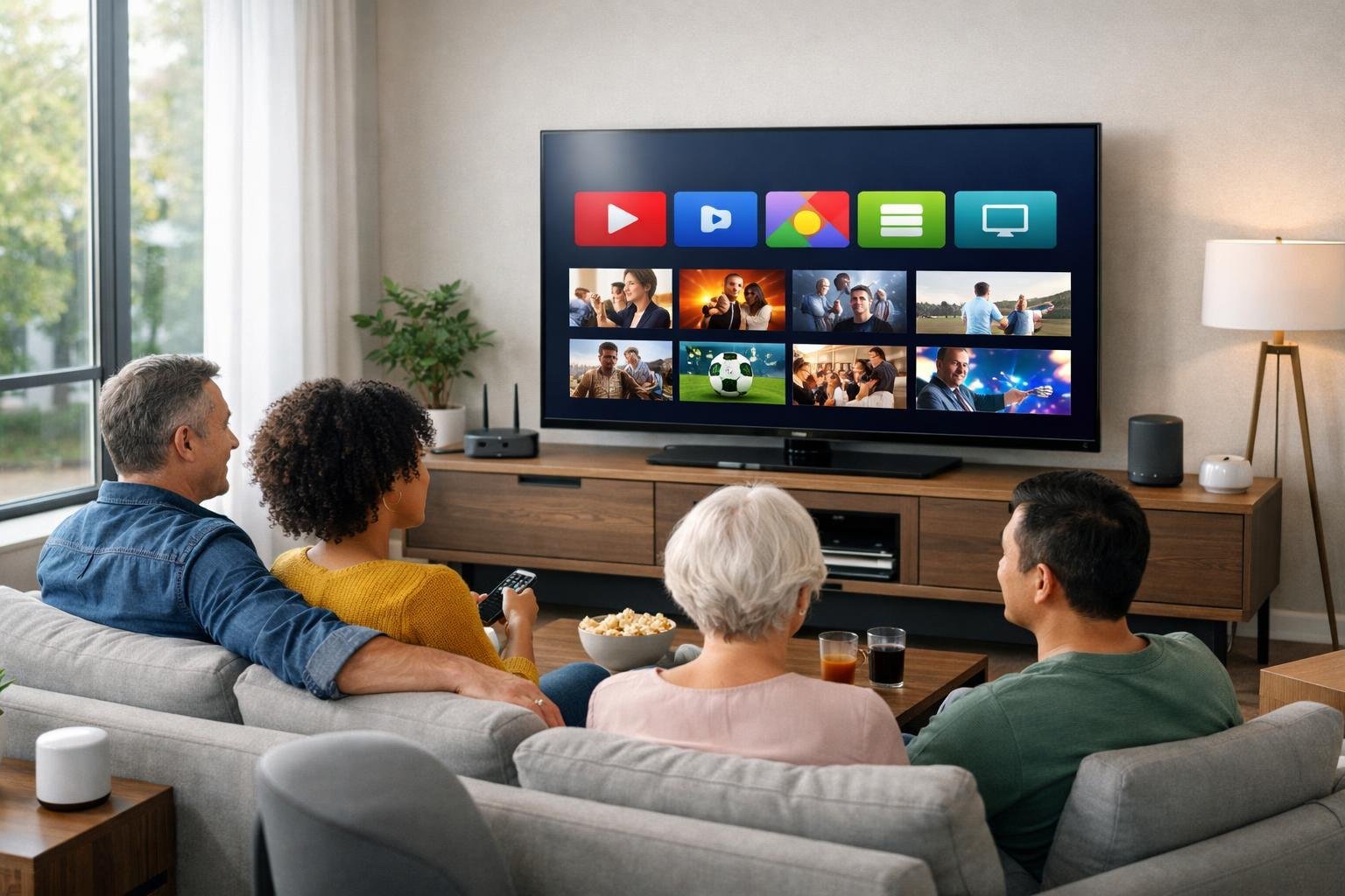 En modern vardagsrumsmiljö med en smart TV och flera personer som tittar på IPTV tillsammans.