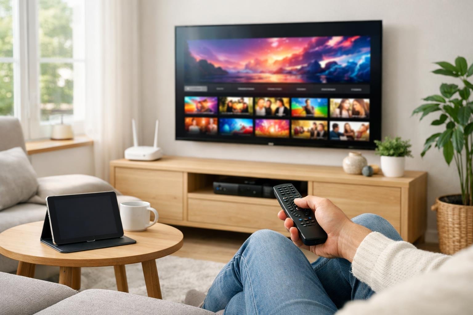 Ett modernt vardagsrum med en person som håller en fjärrkontroll framför en stor TV som visar en färgstark streaming-skärm.