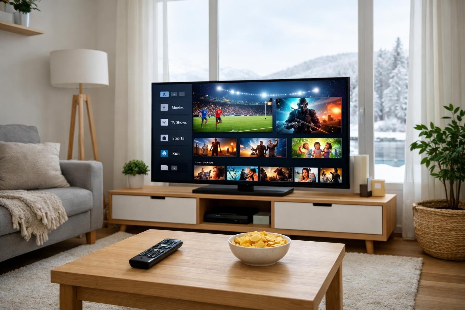 Ett modernt vardagsrum med skandinavisk design och en stor TV som visar en färgstark streamingtjänst, med snöigt nordiskt landskap utanför fönstret.