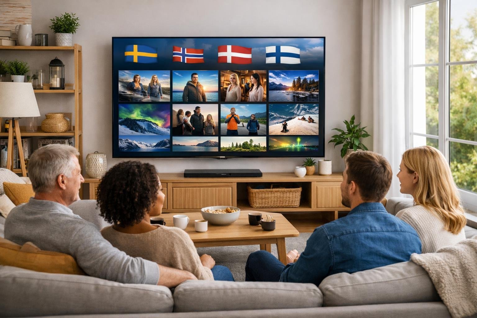En modern vardagsrum med en stor TV som visar olika skandinaviska kanaler, där flera personer sitter och tittar tillsammans.