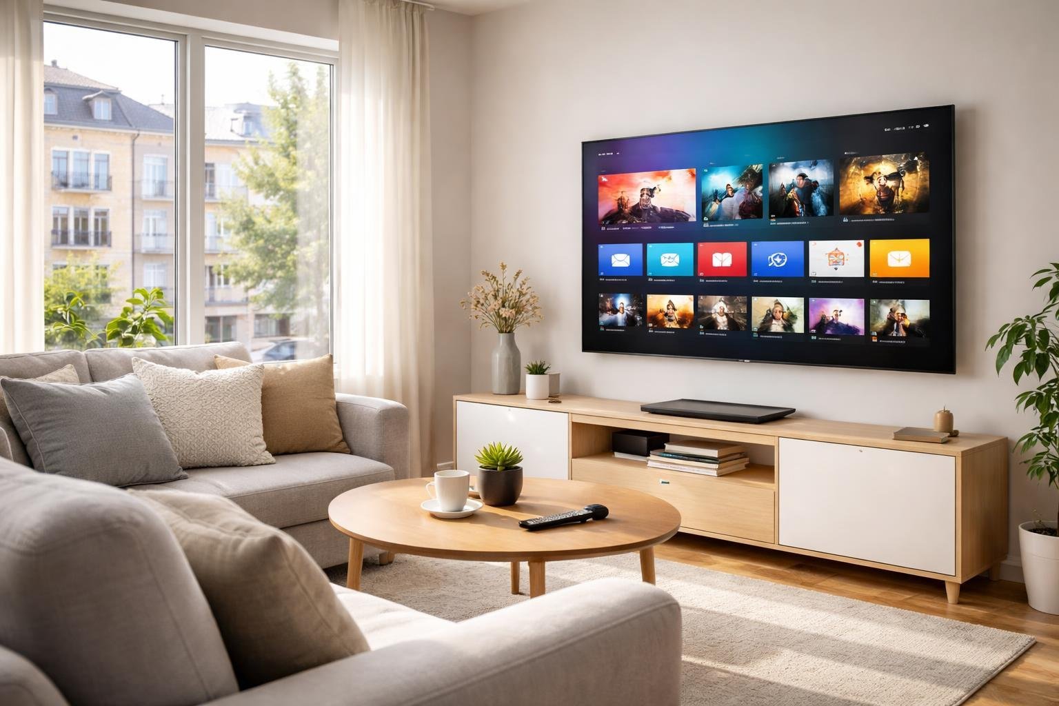 Ett modernt vardagsrum i Sverige med en platt-TV som visar IPTV-gränssnitt och skandinavisk inredning.