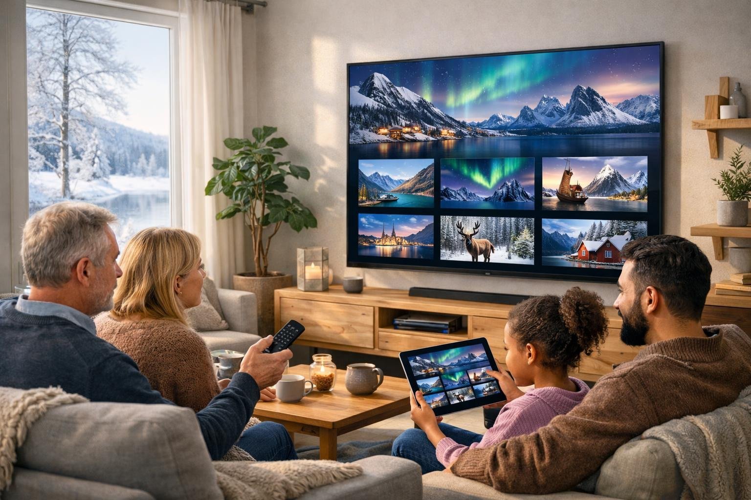 Ett vardagsrum med en stor TV som visar ett användargränssnitt för nordiska TV-kanaler, med människor som tittar och interagerar med innehållet, och ett snöigt nordiskt landskap utanför fönstret.