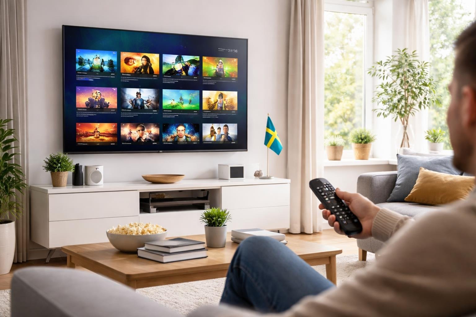 Ett vardagsrum med en stor TV som visar en streamingtjänst och en person som håller en fjärrkontroll, med en svensk flagga i bakgrunden.