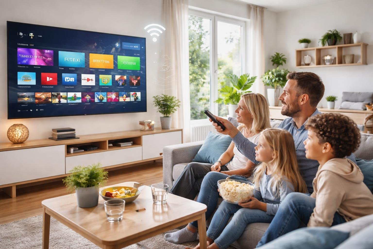 En svensk familj sitter i ett vardagsrum och tittar på en stor smart-tv med en användarvänlig streamingmeny.