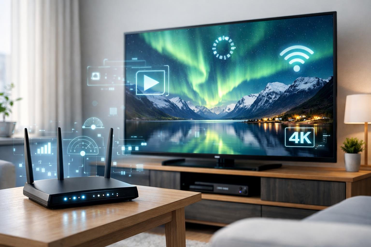 Ett modernt vardagsrum med en stor TV som visar en skarp bild av ett skandinaviskt landskap och en router med lysande indikatorer bredvid.