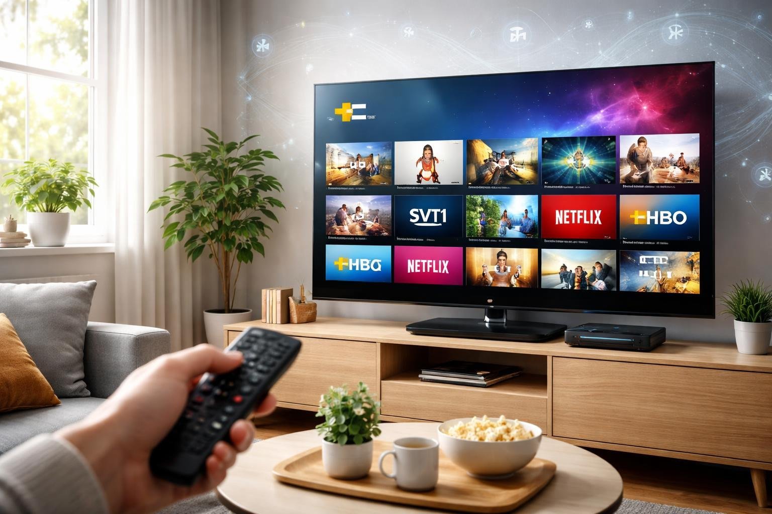 Ett modernt vardagsrum med en stor tv som visar olika svenska och internationella tv-kanaler, med en person som håller en fjärrkontroll.