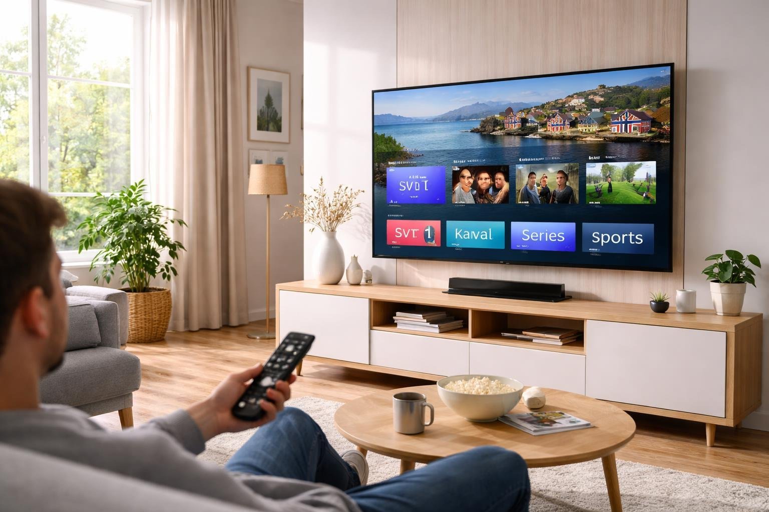 Ett modernt vardagsrum i Sverige med en stor TV som visar IPTV-kanaler och en person som sitter i soffan med en fjärrkontroll.