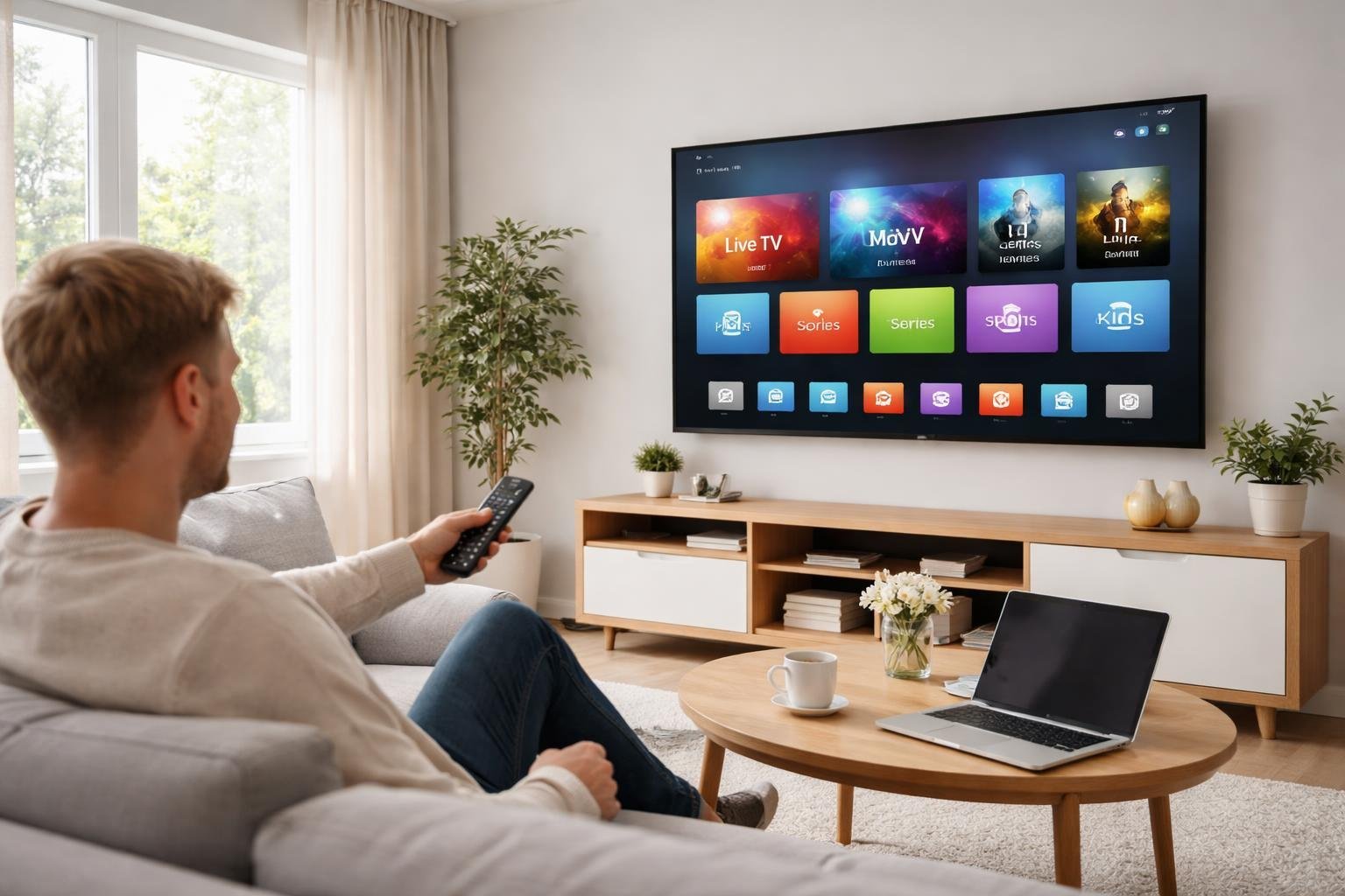 En person sitter i ett modernt vardagsrum och tittar på en stor TV med IPTV-innehåll.