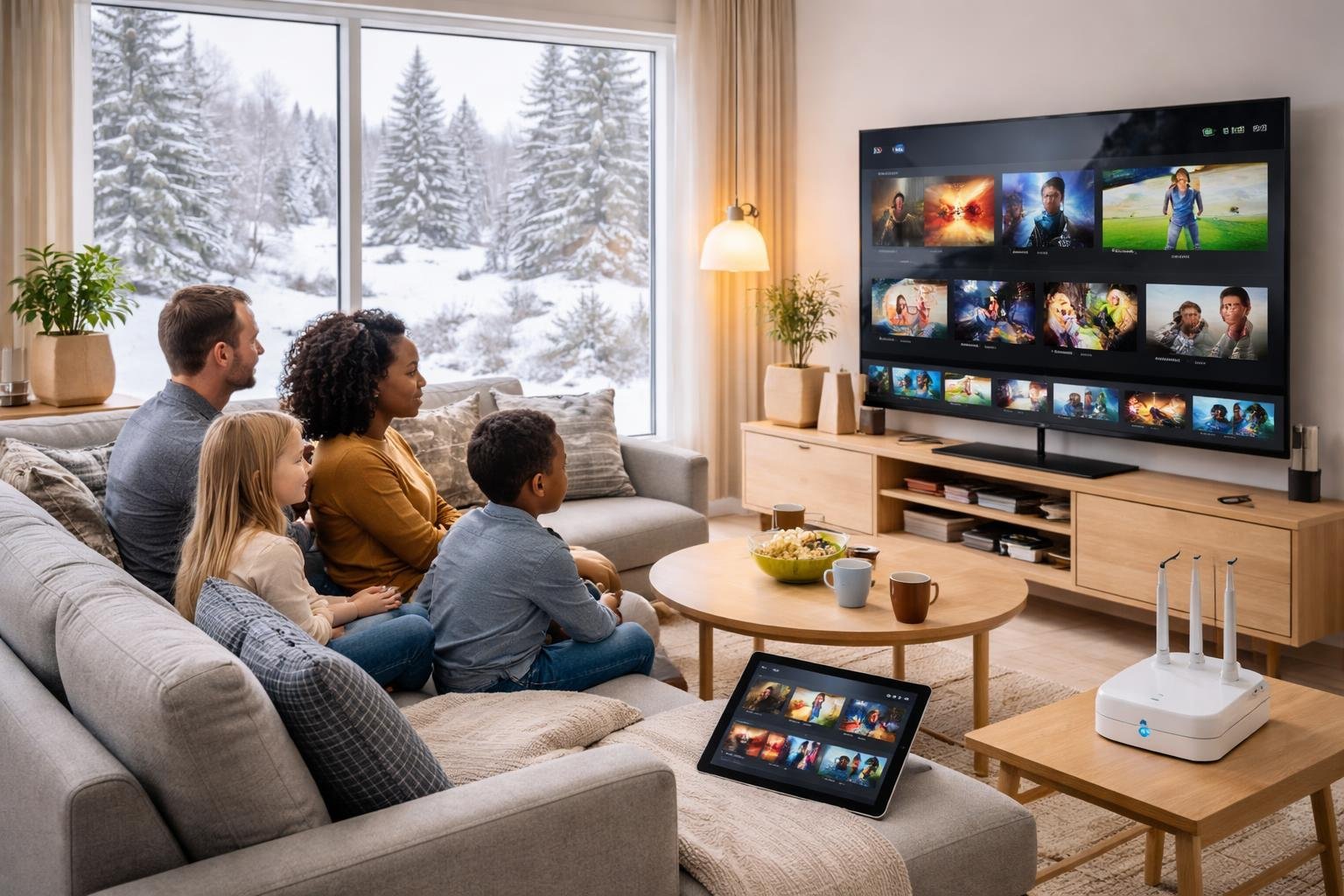 En familj i ett modernt svenskt vardagsrum tittar på en stor TV som visar olika program, med snö utanför fönstret.