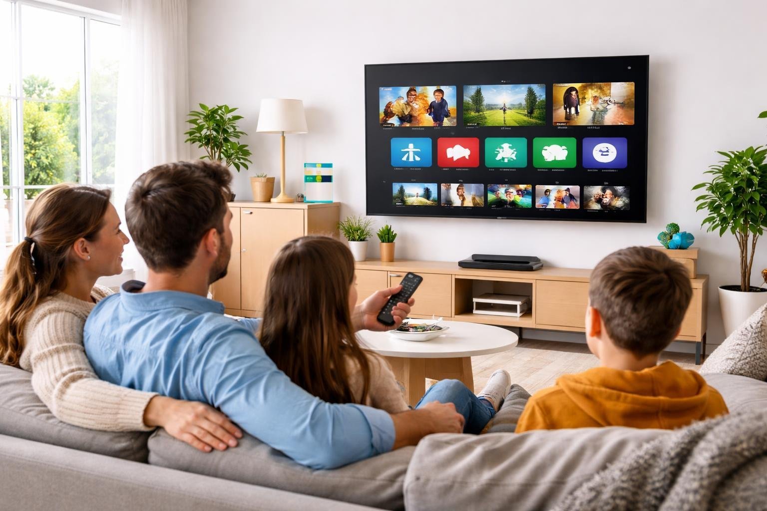 En familj sitter i ett vardagsrum och tittar på en stor TV med olika kanaler och innehållstyper från IPTV i Sverige.