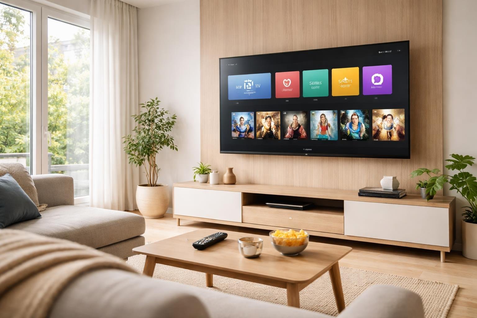 Ett vardagsrum med en stor TV som visar en IPTV-tjänsts gränssnitt, med modern skandinavisk inredning och naturligt ljus.